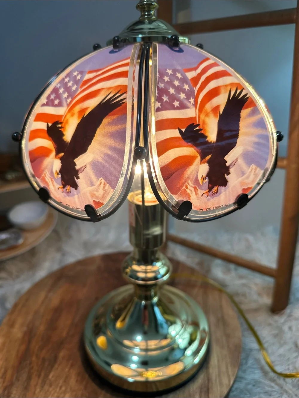 Vtg Patriotic Small Touch Lamp OK LIGHTING Bald Eagle Mountains American Flag